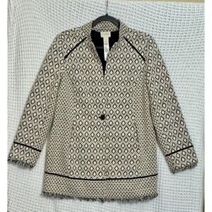 Chico's Geometric Diamond Print Blazer Jacket Size 1 Fringe‎ Trim